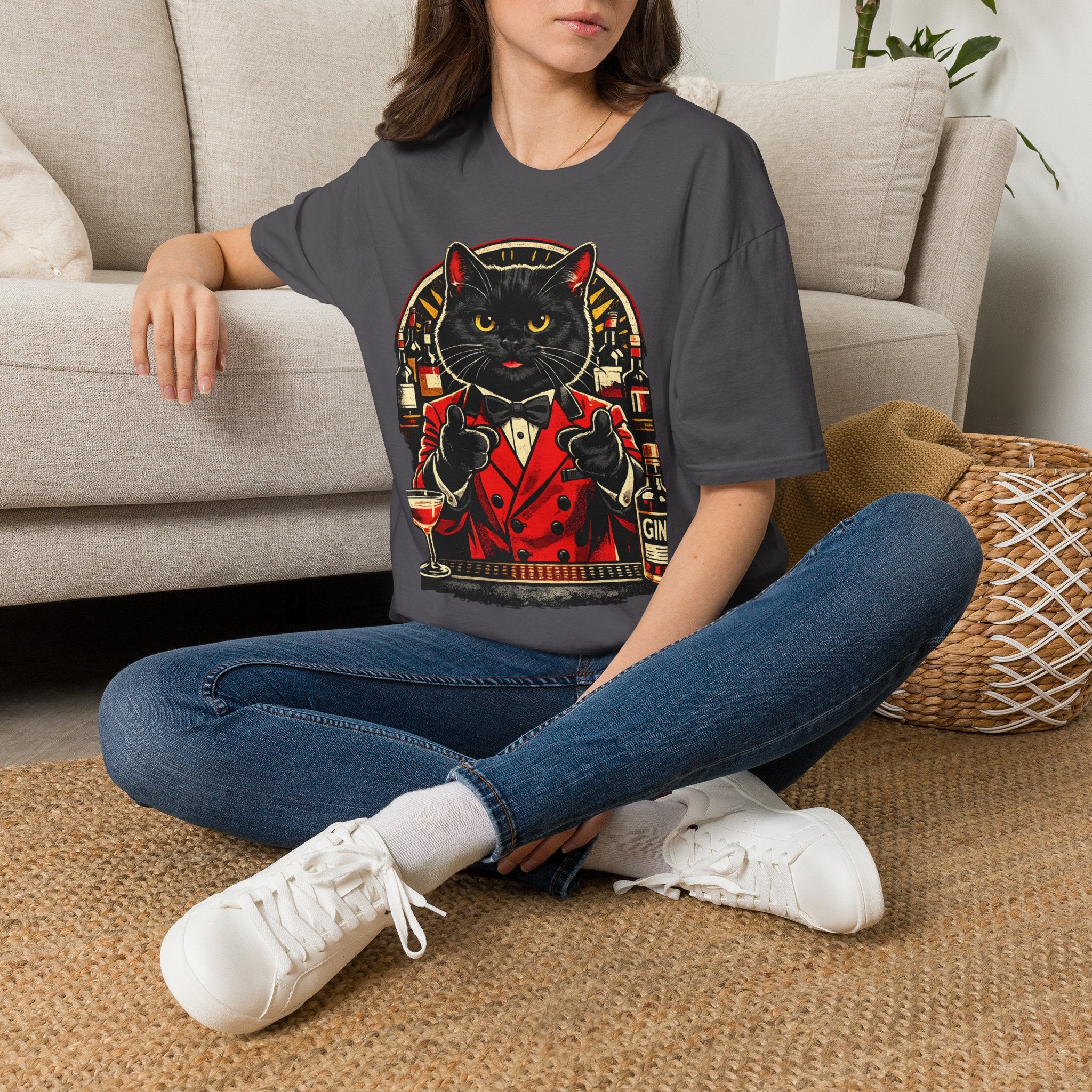 Isaac Cat Bartender T-Shirt — Vintage Gin Lounge Cat Design