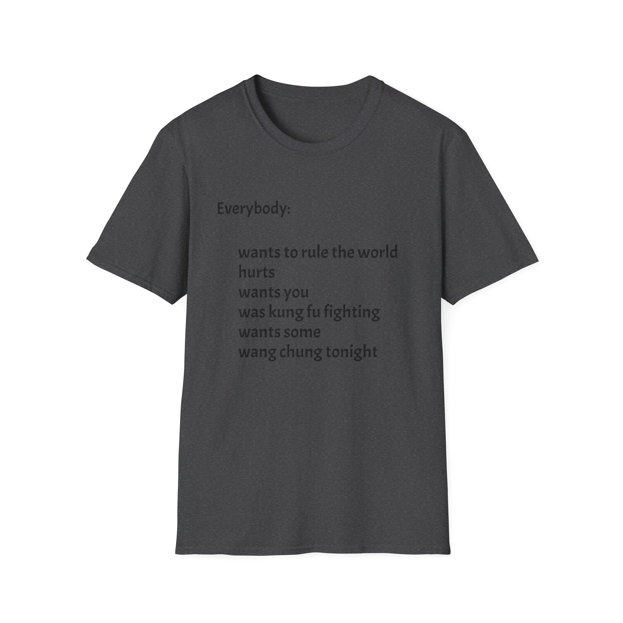 Funny Lyric Text T-Shirt — "Everybody: wants to rule the world..."