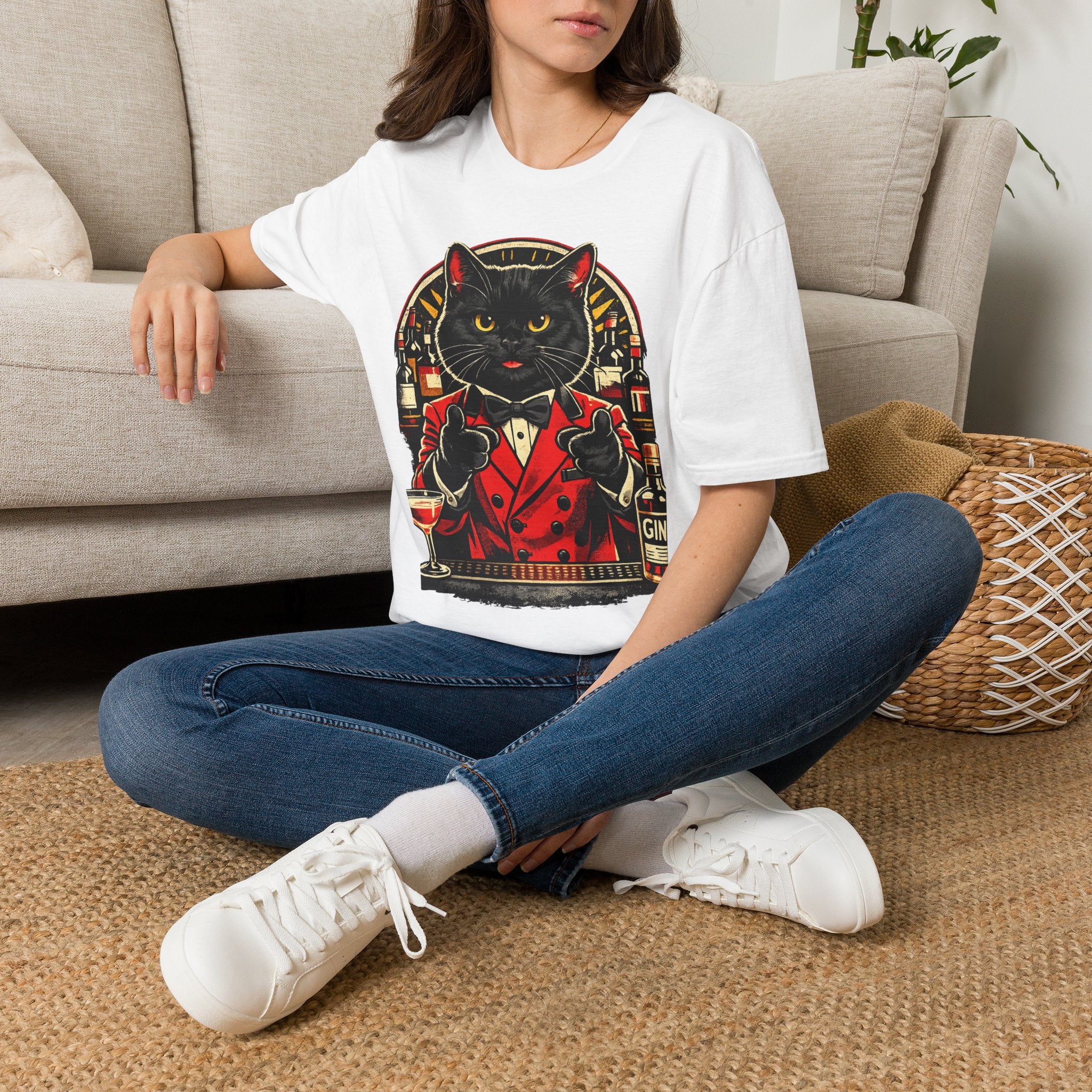 Isaac Cat Bartender T-Shirt — Vintage Gin Lounge Cat Design