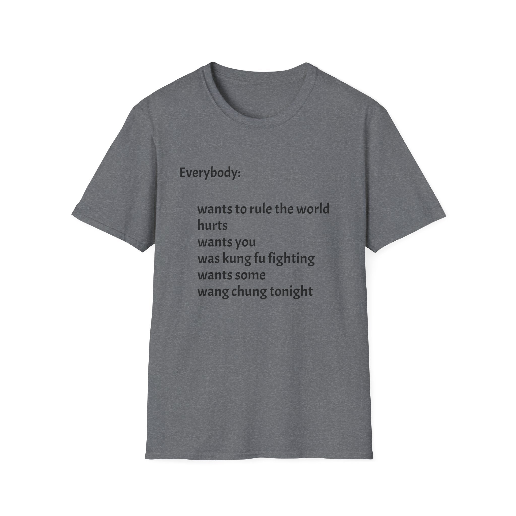 Funny Lyric Text T-Shirt — "Everybody: wants to rule the world..."