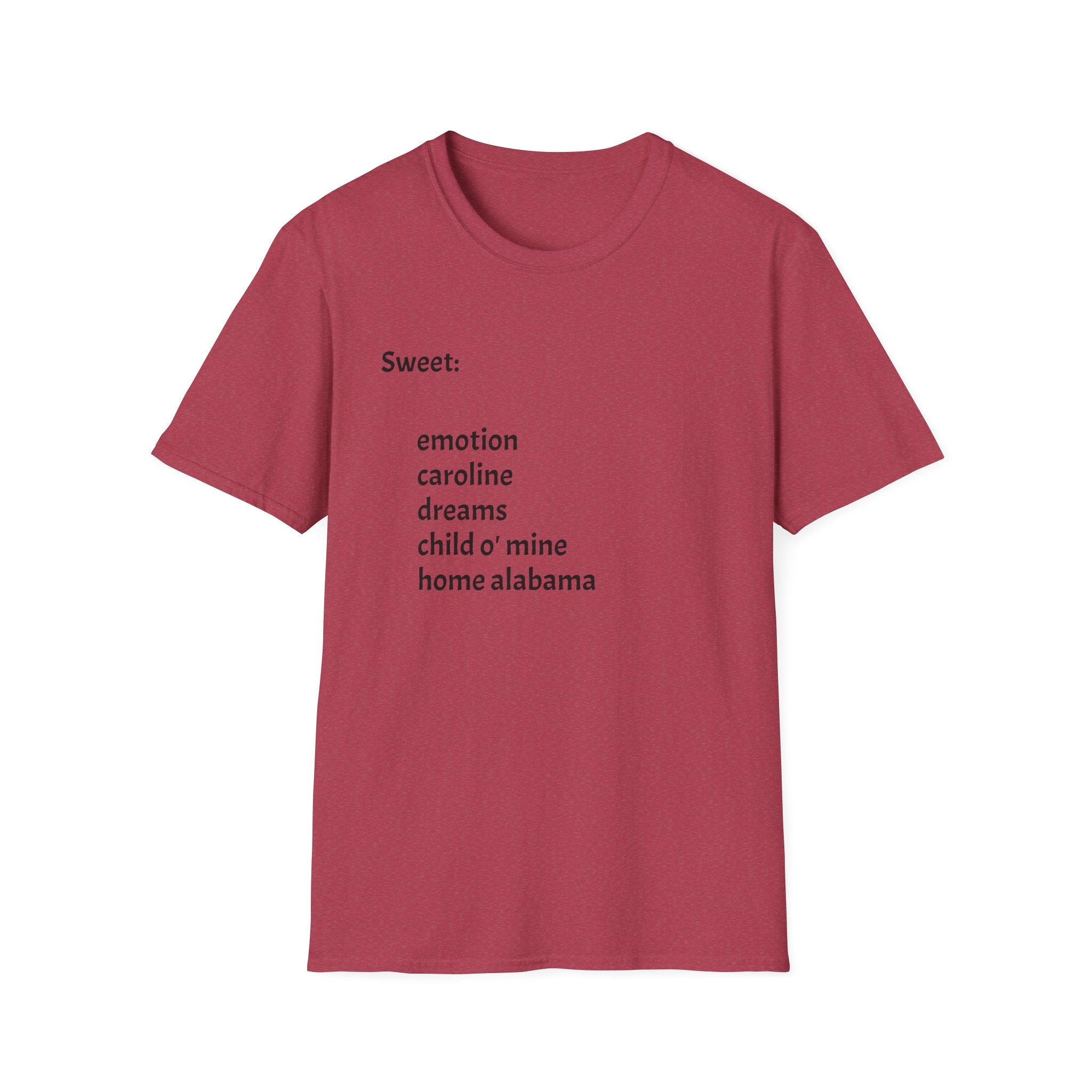 T-Shirt — Minimal “Sweet:” Tracklist Tee (emotion, caroline, dreams, child of mine, home alabama)