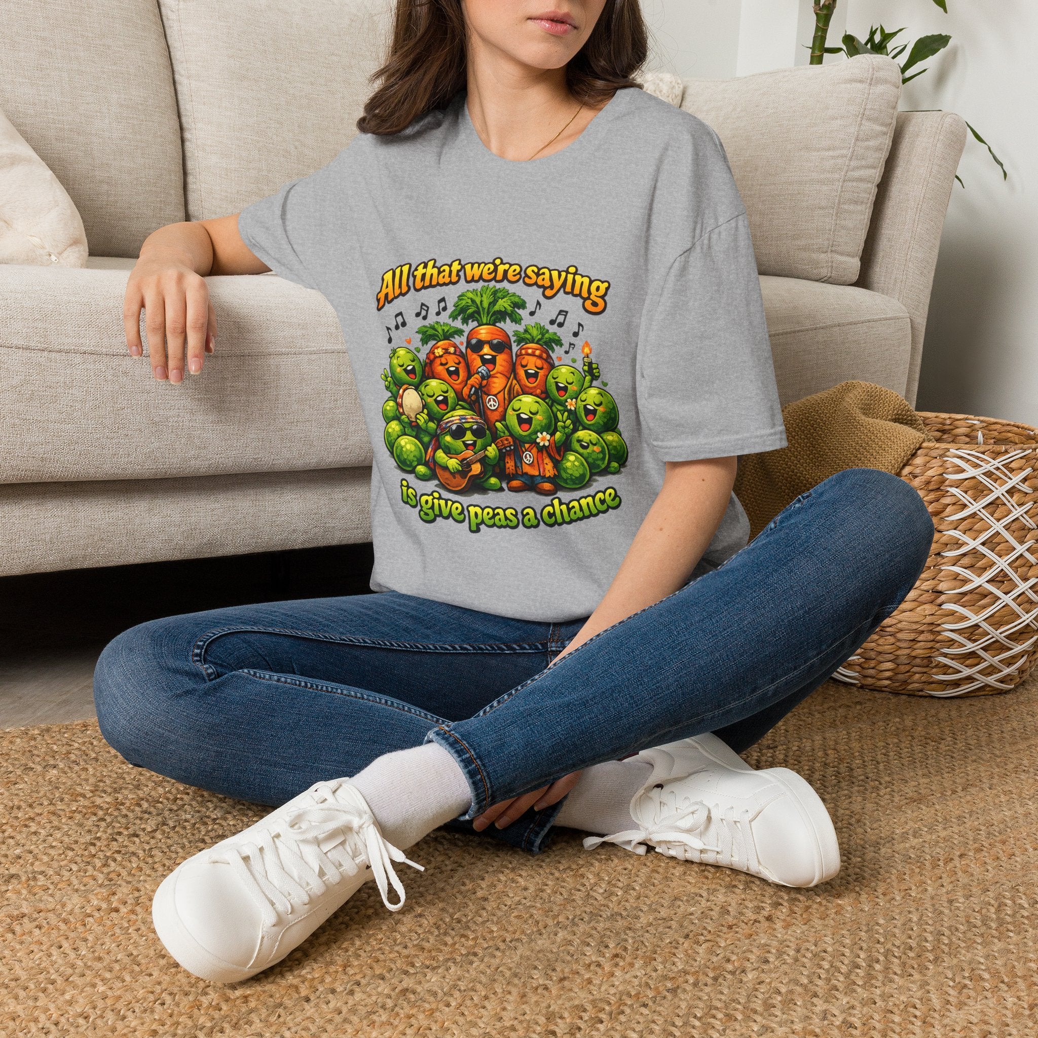 Give Peas a Chance Funny Vegetable Pun T-Shirt | Singing Peas & Carrots Retro Graphic Tee