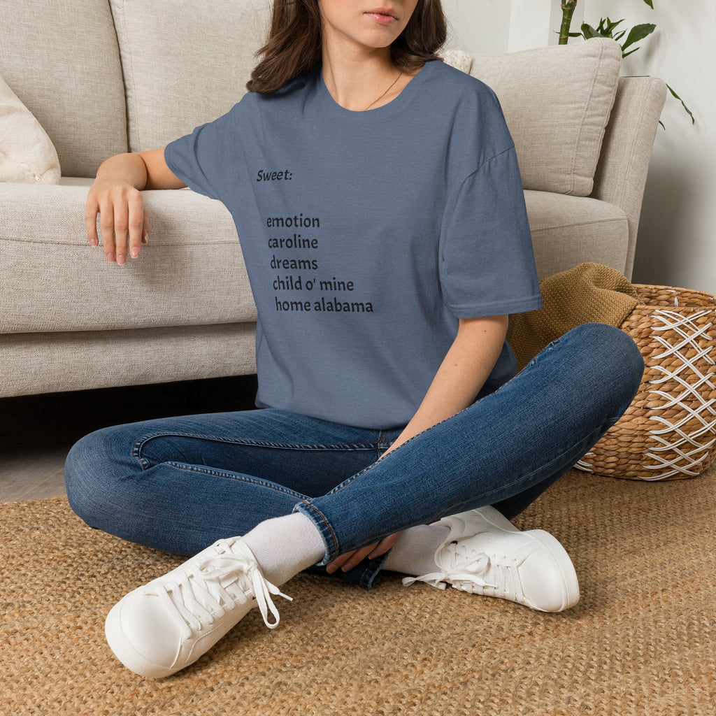T-Shirt — Minimal “Sweet:” Tracklist Tee (emotion, caroline, dreams, child of mine, home alabama)