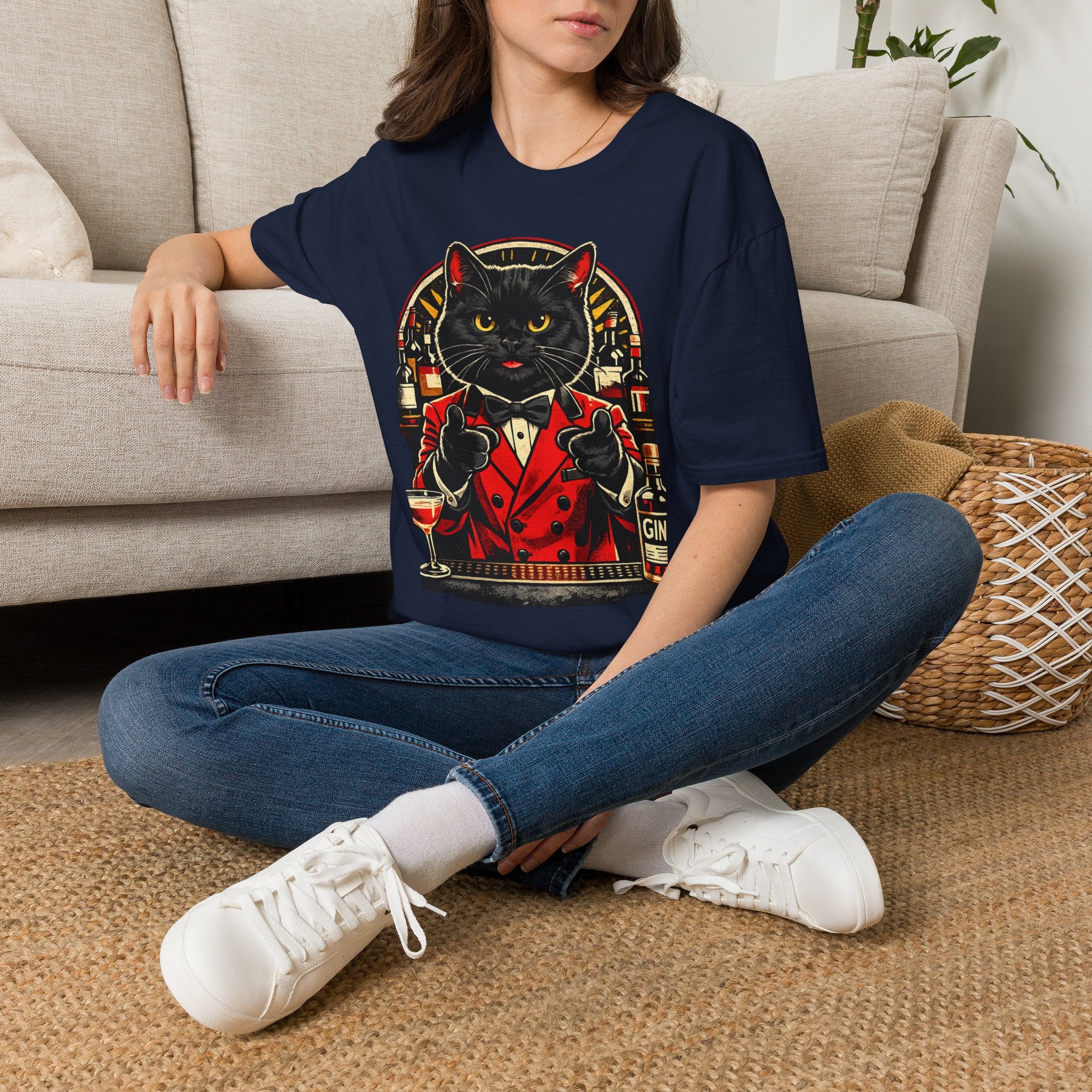 Isaac Cat Bartender T-Shirt — Vintage Gin Lounge Cat Design